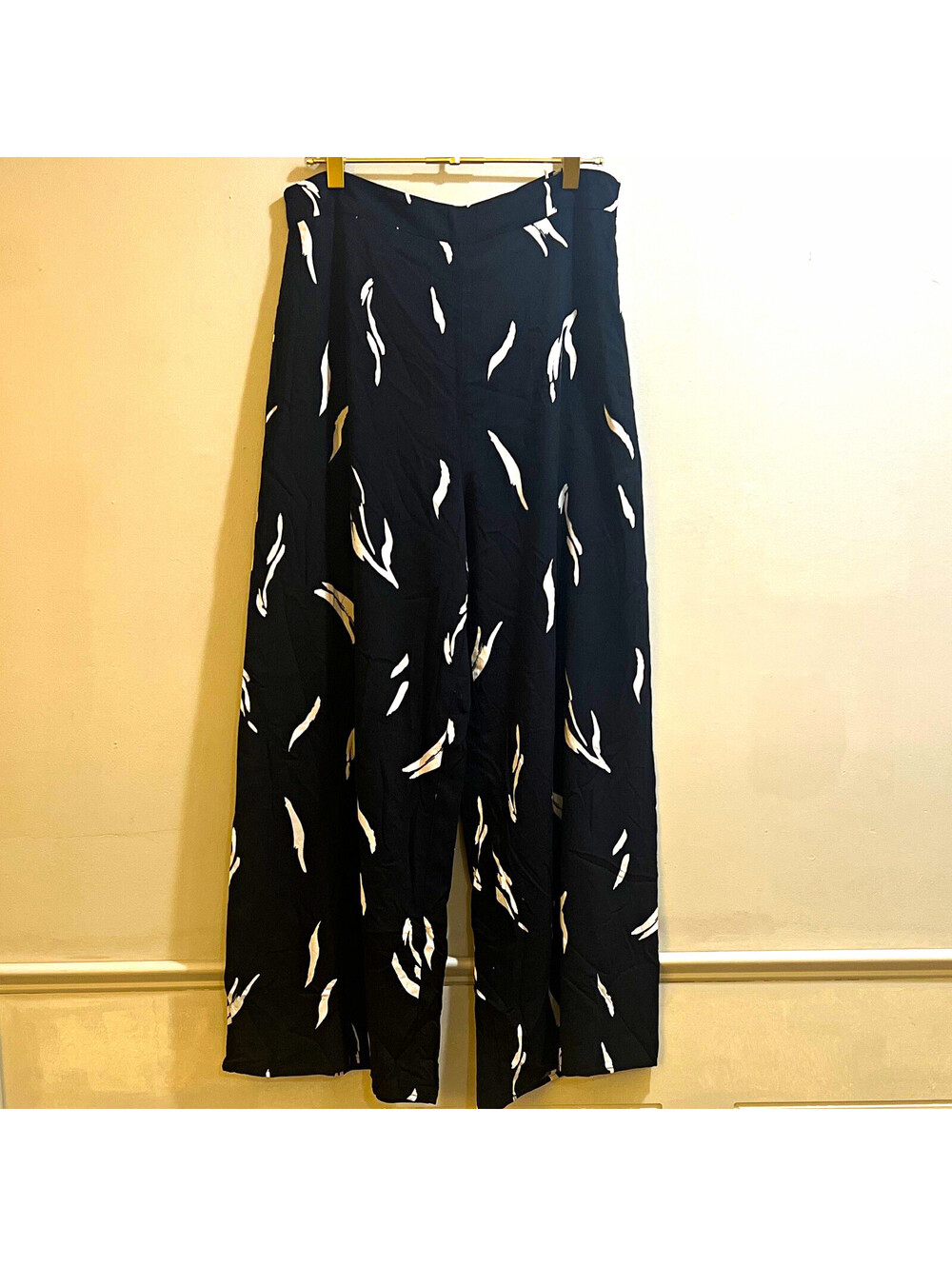 LUSH Women’s Black White Print Wide-Leg Polyester Ankle Pants Regular L